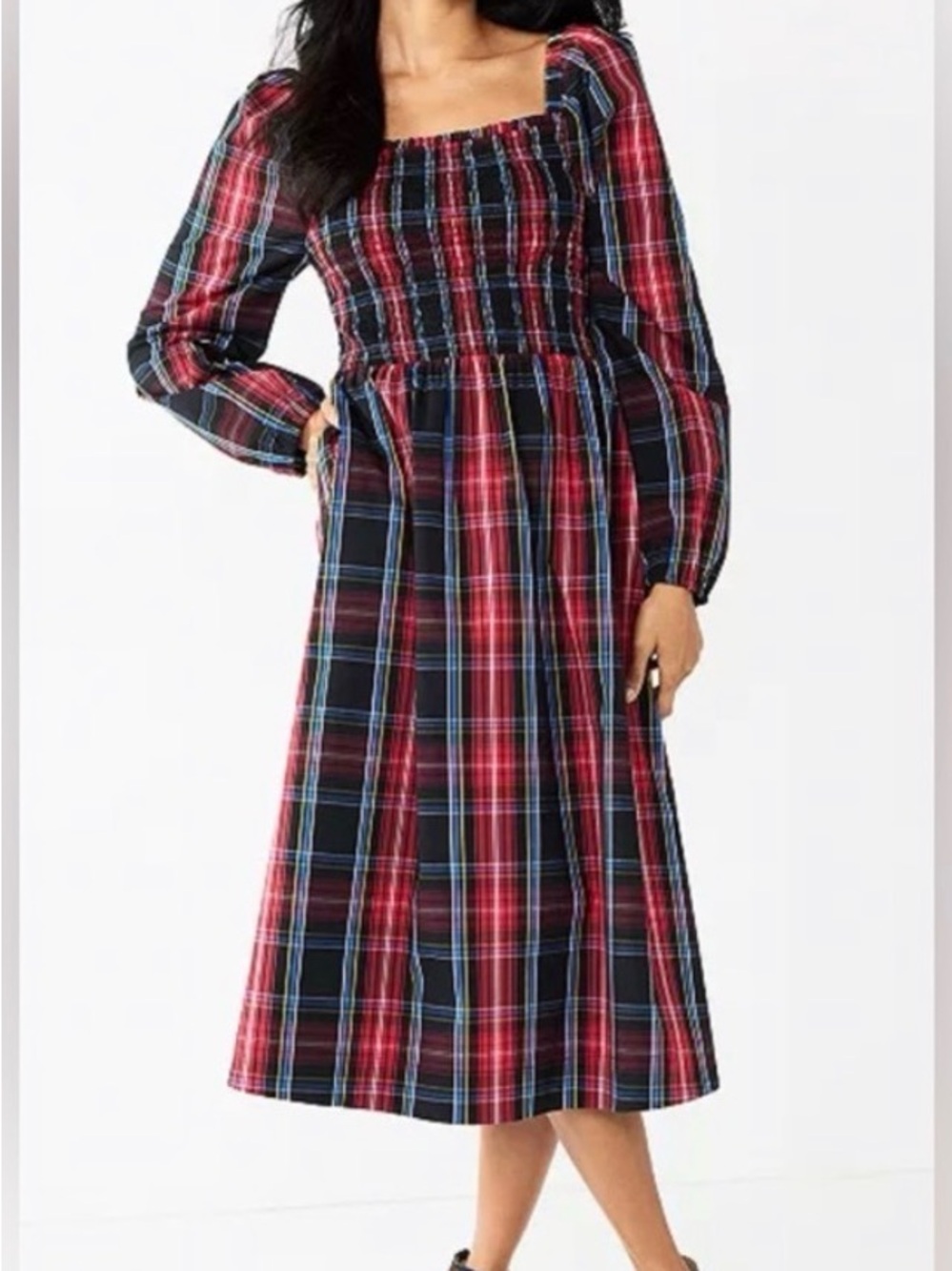 Draper James Red Plaid Smocked Square-Neck Midi Dress Size Small